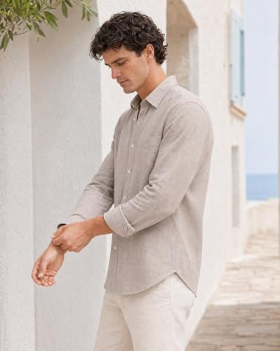 Image of Nobero Breezy Premium Linen Cotton Shirt for Men | Stylish Casual Shirts for Men | Semi Cut Collar | Box Pleat | Curved Hem | Regular Fit | Full Sleeve | S-XXXL