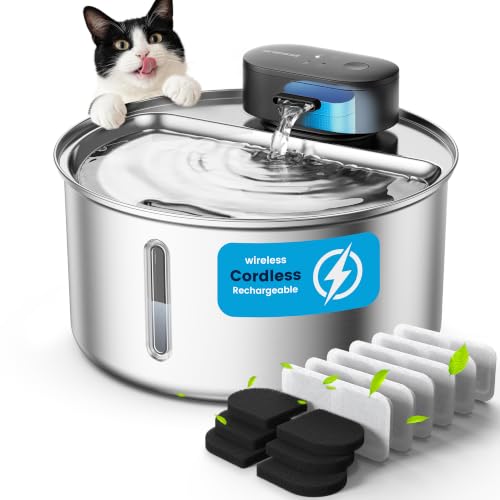 Image of oneisall 3.2L Cordless Stainless Steel Cat Fountain with 6 Filters