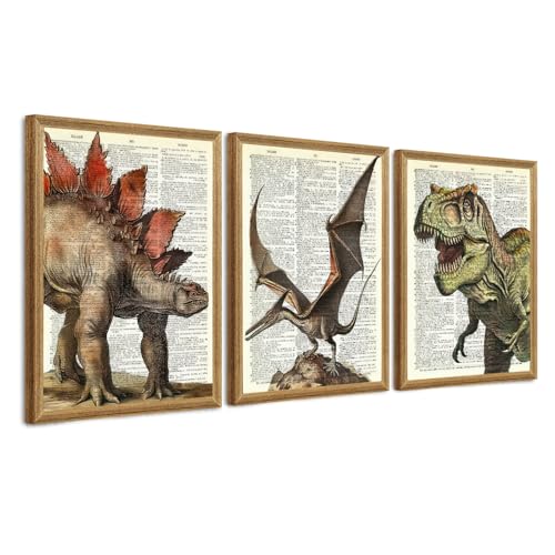 Ovczax 3 Pieces Dinosaur Wall Art - Dinosaur Room Decor, Tyrannosaurus Rex, Pterodactyl, Stegosaurus Canvas Wall Art Poster 16" x 12" With Framed