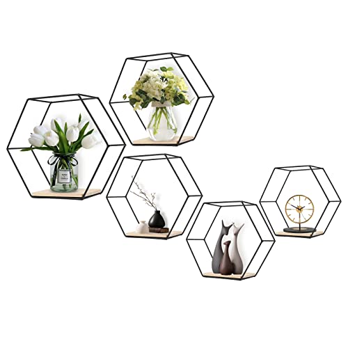 LMYDIDO Juego de 5 Estanterías Hexagonales Flotantes de Metal y Madera - Organizador de Pared para Cocina, Baño, Dormitorio - Decoración