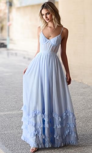Ruffle Bridesmaid Dresses for Women Long Chiffon Formal Dress with Slit V-Neck Formal Evening Dress2