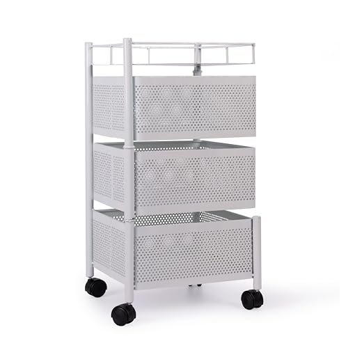 Image of KITCHIVO Kitchen Storage Rack | Revolving Vegetable Rack | Square Multipurpose Storage Trolley with Wheels | Metal Fruit Rack (White, 3 Layer)