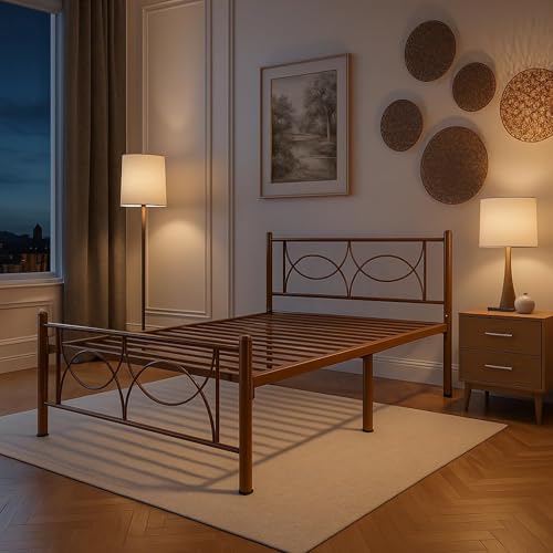 Image of Luno Metal Extra Single Size Bed Without Storage | Wrought Iron Single Bed with Headboard & Footboard| Sturdy Powder Coated Platform Cot for Bedroom (Luno Brown)