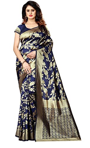 Image of C J Enterprise Women's Pure Kanjivaram Silk Saree Soft Saree Banarasi Style New Sadi With Blouse Piece For Wedding (Pari37-11) (Navy Blue)