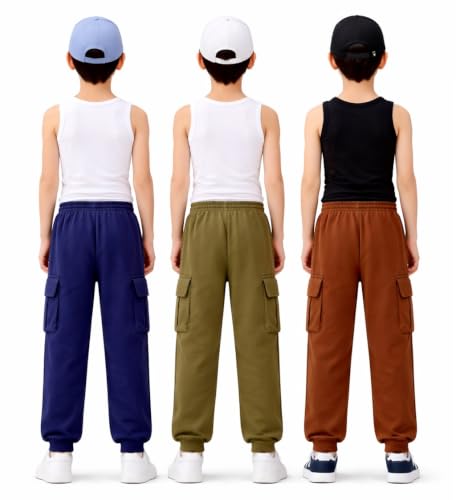 Image of Boys Cargo Pocket Jogger Track Pants Pack of 3 Navy Green Brown