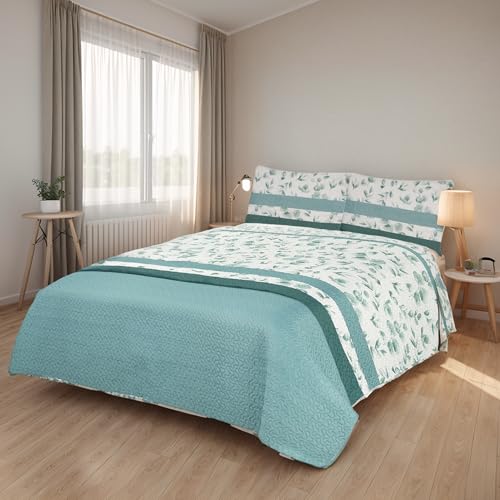 Etrexonline Colcha Bouti Reversible Estampada 100% Microfibra Extra Suave Colcha Cubre Cama Multiusos para Primavera y Verano Incluye 2 Fundas de Cojín, Cama 120/135-230x260cm - Hoja Verde