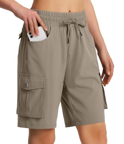 Hugut Women's 9" Hiking Cargo Shorts Lightweight with 6 Pockets Dark Khaki
