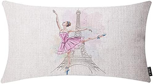 EKOBLA Eiffel Tower Accent Throw Pillow Covers Paris Beautiful Ballerina Girl Dancer Posing Oblong Rectangle Throw Pillow Cases for Sofa Bed Couch Cotton Linen 12x20 Inches