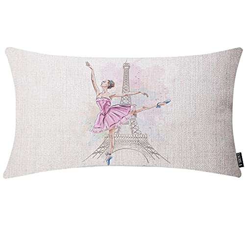 Ekobla Eiffel Tower Accent Throw Pillow Covers Paris Beautiful Ballerina Girl Dancer Posing Oblong Rectangle Throw Pillow Cases For Sofa Bed Couch Cotton Linen 12X20 Inches #TOP18
