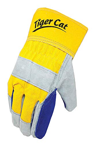 Galeton Tiger Cat Premium Leather Double Palm Gloves Safety Cuff Yellow and Blue 12 Pack, large, 2412-L