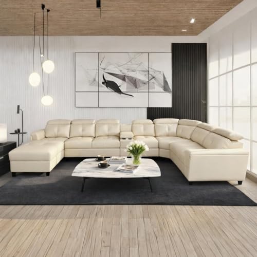 Image of Mishel 12 Seater Sofa Set for Living Room | Sectional U Shaped 12 Seater Sofa with Storage & Cupholder (Cream Leatherette, LHS)