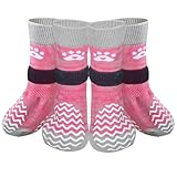 PUPTECK 犬 靴下 滑り止め 4個セット ペット用靴下 足カバー マジックテープ付き 脱げない 傷 足舐め防止 肉球保護 柔らかい 通気性 防寒 転倒防止 防滑ソックス 散歩 室内用 アウトドア 人気 可愛い おしゃれ 介護 サポート シニア犬 老犬 小型犬 中型犬 大型犬 (ピンク, Mサイズ)