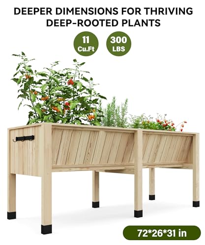 72x26x30 Inch Raised Garden Bed With Leg For Outdoor Growing Vegetables and Herbs, 6X2X2.5 Ft Elevated Wood Planter Box Stand With Hooks for Backyard, Patio, Balcony w/Non-Woven Liner, 13.7In Depth
