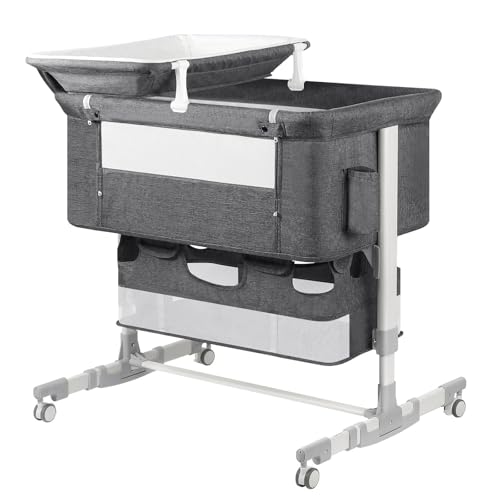 UNISWAN Baby Bassinet Bedside Sleeper with Diaper Changing Station + Mosquito Net + 16gallon Capacity Storage, Adjustable & Portable Bassinet Cosleeping Baby Bed (Grey)
