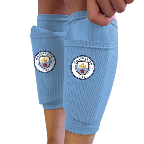 Hy-Pro Officially Licensed Manchester City F.C. Shin Pad With Sock Sleeve Youth - Shin Guard Breathable Lightweight Durable Protective Gear Man City Merchandise Great Football Gift Idea