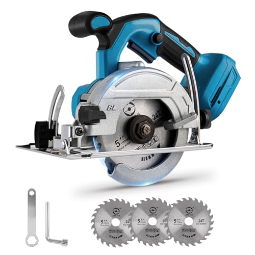 Yofidra Sierra Circular Inalámbrica con 3 Cuchillas (125 mm), 8000 RPM, Bisel 0-45°, Profundidad 45 mm, Sierra Circular Eléctrica para Cortar Madera y Azulejos (sin Batería)