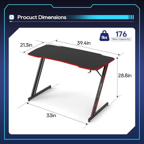Image of BestOffice 39 inch Gaming Desk Computer Gaming Desk Z Shaped Gaming Workstation Ergonomic Gaming Table with Headphone Hook for Game Players,Black&Red