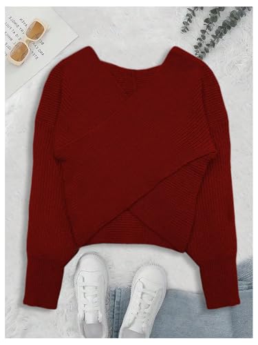 SweatyRocks Women's Criss Cross Wrap Sweater V Neck Long Sleeve Loose Fall Knit Tops4