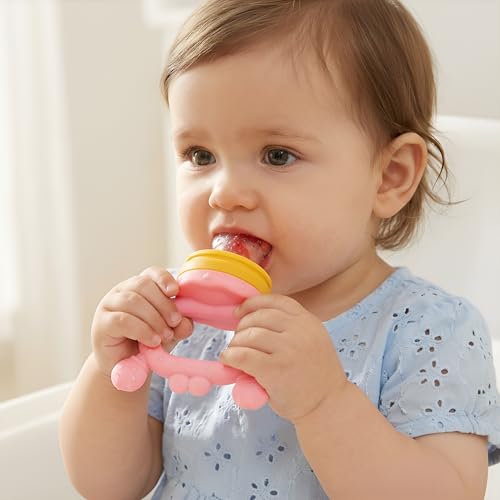 Image of BabyGo Silicone Baby Crab Nibbler & Teether with Rattle Handle | Soft Feeding Feeder for Fruits | Easy Grip Self-Feeding Teething Pacifier & Teether for Babies 6-12 Months | Multicolour | Pack of 1