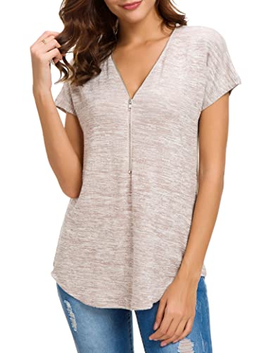 Image of Acelcyceo Womens Loose Fitting V Neck Tunic Tops Long/Short Sleeve Blouse Zipper T Shirts