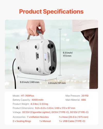 Bild 6 - VEVOR Paddleboard Pumpe mit USB-Ausgang, zweistufige elektrische SUP-Luftpumpe mit automatischer Abschaltung & LED Licht, Aufblasen & Entleeren ideal für aufblasbare Paddleboards Zelte