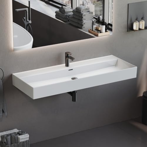 Aqua Bagno Waschbecken 120 cm breit – großes Keramik Waschbecken für Badezimmer, moderner Waschtisch zur Wandmontage, mit Hahnlochbohrung, kompatibel mit Badmöbeln, ideal für Familienbäder