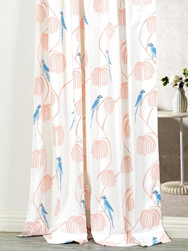 Image of Tranquebar Curtain Co. Window Curtains 5 Feet, 60-65% Room Darkening,Peach-Blue Bird Print, Cotton Curtains for Window, Cotton Curtains 5 Feet Long Set of 2,BackTab Loops,Mithu (152 cm)- Set of 2