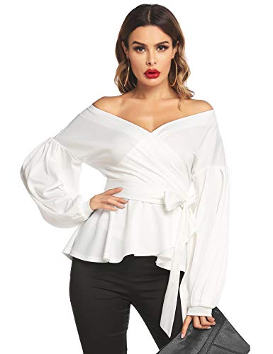 Womens Lantern Sleeve Slim Fit Ruffle Blouses Solid Tie Waist Off Shoulder Tops White M