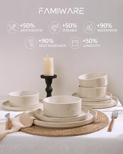 Image of Famiware Nebula Plates and Bowls Sets, 18 Pieces Dinnerware Sets, Dishes Set for 6, Creamy White with Colorful Speckles