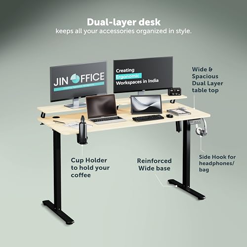 Image of JIN OFFICE Ascend Electric Height Adjustable Desk with Monitor Riser| Standing Desk with Cup Holder | 3 Year Warranty,80 KG Wt. Cap, Memory Presets| Sit Stand Ergonomic Desk 1400 * 600mm Maple Top