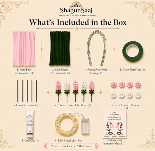 Image of ShagunSaaj Pipe Cleaner Flower Showpiece with LED DIY Kit for Adult & Kids Craft DIY, Aesthetic Home Decor, Office Desk Decor, Personalised Gifting, Non Withering Flowers (Rose Pink)