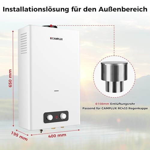 Gasdurchlauferhitzer 16 Liter, CAMPLUX BD422-DE Propan-/ Butan Gasdusche, 50mbar, 32 kW, für den Außenbereich/Camping/Gartennutzung