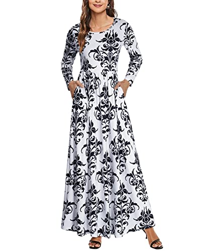 Enmian Lässige Maxikleid Weiß Blumenmuster Ausgebeult Langarm Plus Size Loose Breathable Comfy Unternehmen Formell Freizeitkleider Cover