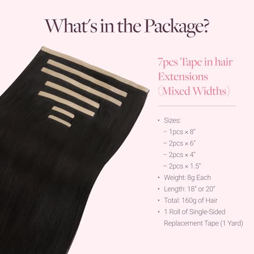Image of GOO GOO Tape In Weft Hair Extensions Human Hair, 1B Natural Black, 8 inch /6 inch /4 inch /1.5 inch Wide Tape, 18inch 7pcs 110g, Tape Weft Hair Extensions, Real Human Hair, Seamless Tape in