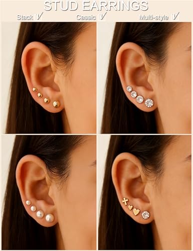 75 Pairs Gold Stud Earrings Set for Women, Trendy Hypoallergenic Pearl Cubic Zirconia Multiple Piercings Earrings Packs, Stud Hoops Earrings for Gift Jewelry - Image 4