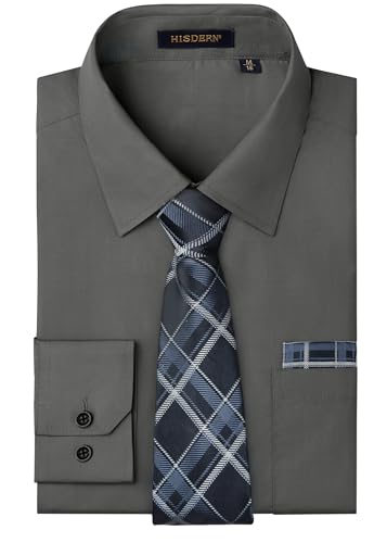 Image of HISDERN Mens Dress Shirt with Tie Pocket Square Set Classic Button Down Shirt Matching Tie Long Sleeve Shirts