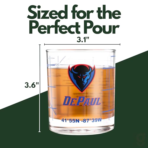 Image of Greenline Goods DePaul University Blue Demons Whiskey Glasses Set of 2, 10 oz Rocks Glasses with Full-Color Logo & Campus Map - Officially Licensed Bourbon Glass Gift for Alumni & Fans