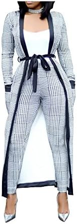 Long Sleeve Plaid Tops and High Waist Skinny Pants Houndstooth Cardigan Pants Set Outfit 3 Sets