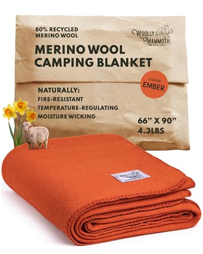 Woolly Mammoth Woolen Company Wool Blanket - 66 x 90 in, Ember, 80% Merino Wool - Camping Blankets for Cold Weather - Double-Stitched Durability for Overlanding, Hunting, Emergency Kits, Bushcraft