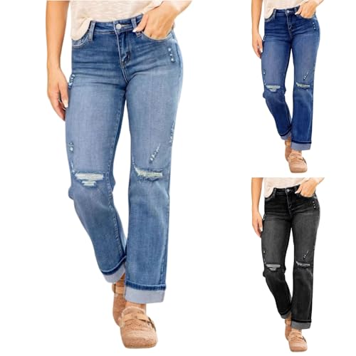 Women's Wide Leg Jeans High Waisted Stretchy Denim Capri Pants Roll-up Skinny Cuffed Cropped Distressed Jeans