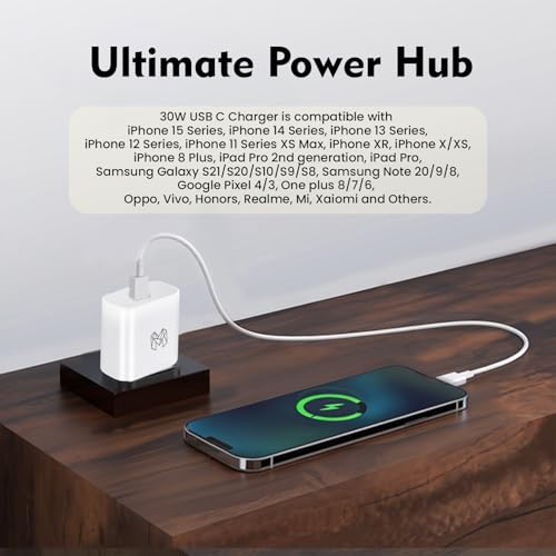 Image of MOOSH 30W Charger BIS Certified Type C Adapter for iPhone 15 /15 Plus /15 Pro /15 Pro Max,14 /14 Plus /14 Pro /14 Pro Max,13 /12 /11 Series with PD 3.0 USB-C Fast Charging Adaptor (White)