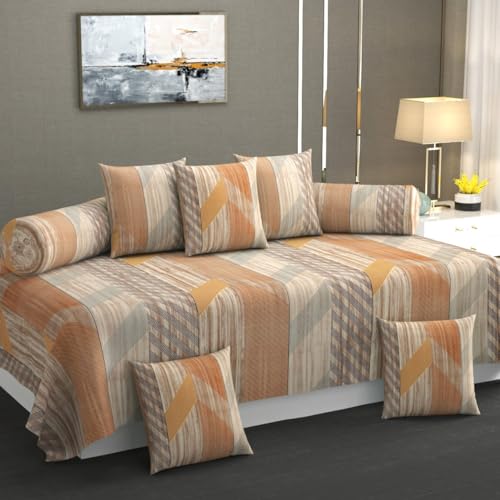 Image of Cotton Diwan Set Covers |8 Pieces Diwan Cover Set|300 TC Fabric| Pure Cotton Printed Deewan Set (1 Single Bedsheet, 2 Bolster Covers, 5 Cushion Covers)|Beige Zigzag |SZDS 033