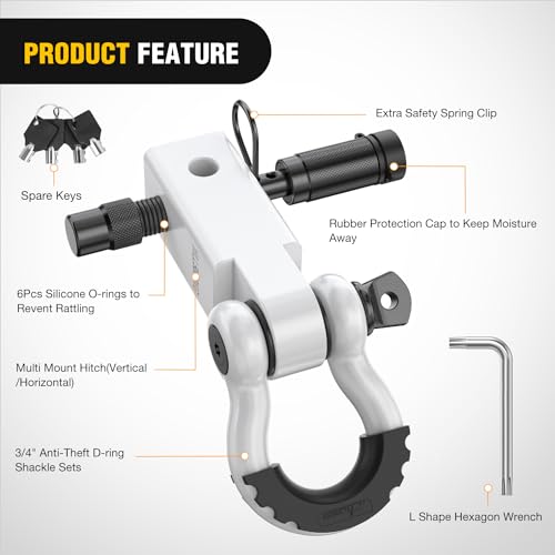 Image of Nilight Anti-Theft Shackle Hitch Receiver 2Inch 45000 LBs Breaking Strength 3 /4 inch Anti-Theft D Ring Shackle 5 /8 inch Trailer Hitch Lock Pin Heavy Duty Solid Towing Kit for Trucks Off Road (White)