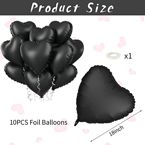 Image of Foil Heart Balloons - 10 Black Heart Shaped Balloons, 18inch Metallic Foil for Valentines Day, Wedding, Birthday, Halloween Party