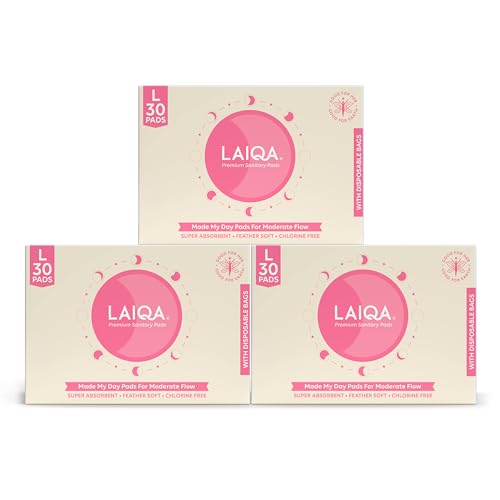 Image of LAIQA Ultra Soft Moderate Flow Sanitary Pads for Women| 90 Large Premium Pads with 90 Disposable Bag + 6 Free Pantyliners|Made with Natural Fibers|Rash-Free Pads with 4 wings|No Chlorine|No Fragrance