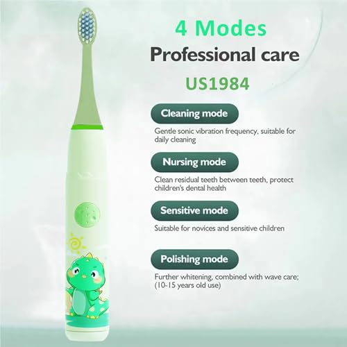 Image of Sonic Electric Toothbrush for Kids with 4 Modes, 3 Brush Heads & Rechargeable Battery, Ultra Soft Nylon Bristles, IPX7 Waterproof, Electric Power Tooth brush (Green)
