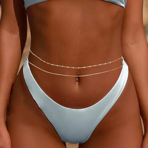 Belly Chain Waist Beads 2PCS Silver Body Chain Jewelry for Women Plated Waist Chain Bikini Minimalist Cuban Rope Paillette Bra Beach Body Chain for Women Sequin Sexy Layered Chains Adjustable - Image 2