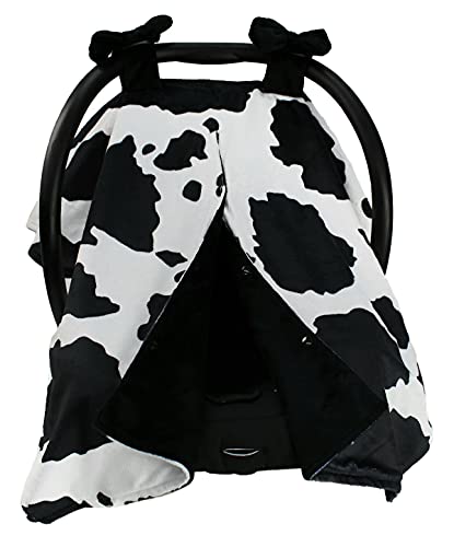 Image of Dear Baby Gear Black and White Holstein Cow Baby Car Seat Canopy with Snap Button Opening and Puffy Bows— Layered Lightweight Cover Keeps Babies Cozy and Sheltered — 40 x 30 Inches