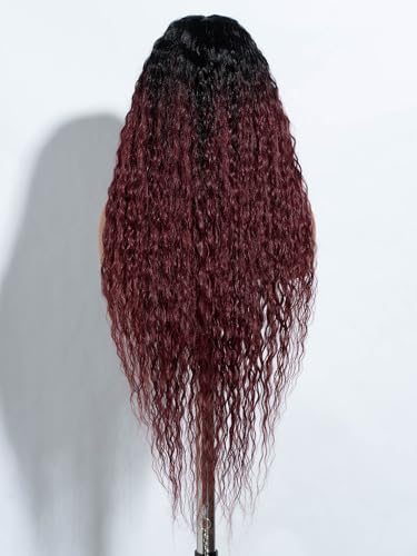 Joedir Long Deep Curly Wavy Wig Pre Plucked Synthetic Lace Front Wig HD Transparent Glueless Lace Wig Heat Resistant Fiber Pre Plucked Hairline with Baby Hair for Women Ombre Wine Red - Image 4