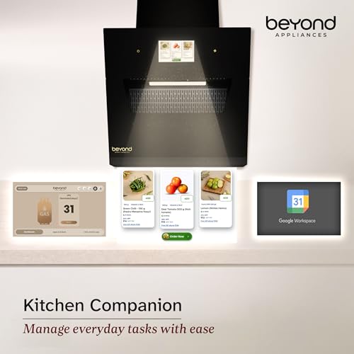 Image of Beyond Appliances Eris 60cm Auto Clean Slant Kitchen Chimney | 1500 CMH Suction | Filterless | Smart Touchscreen Display | Touch Control | Black | PAN INDIA SERVICE